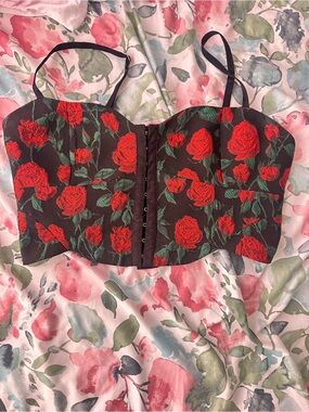 Victoria's Secret Black Bustier with Red Rose Embroidery